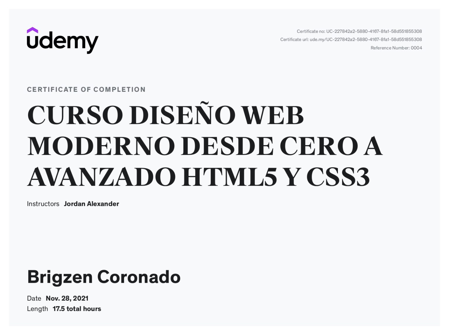 HTML5 and CSS3 by UDEMY Certificate – Brigzen CV Card